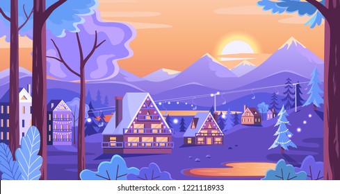 Colorful winter sunset in the mountains resort town