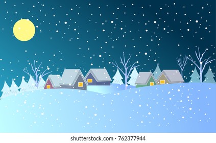 Colorful winter town background with houses and trees at snowfall. Urban winter landscape. Snowy village. Christmas card banner. Vector illustration flat design.