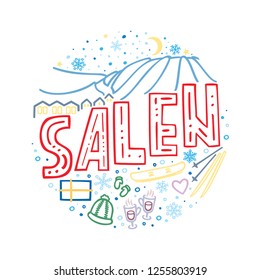 Colorful winter vector illustration of Salen, Sweden. Round pattern with  symbols and landscape of Salen with isolated elements. Can be used as a sticker, print for t shirts, posters, cards, articles