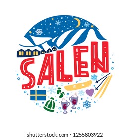 Colorful winter vector illustration of Salen, Sweden. Round pattern with symbols and landscape of Salen with isolated elements. Can be used as a sticker, print for t shirts, posters, cards, articles