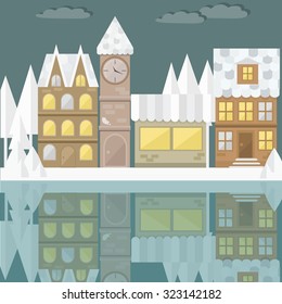 Colorful, winter, vintage city in victorian style . Apartments For Rent / Sale, Real Estate. Cute buildings on the waterfront with reflection, night