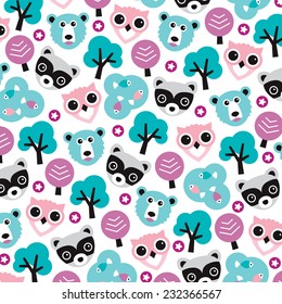 Colorful winter woodland wolf bear owl and fish illustration for kids background pattern in vector