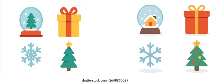 Colorful winter-themed decorations showcase snow globes with a house, Christmas trees, and gift boxes. The cheerful arrangement highlights the spirit of the holiday season.