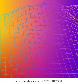 Colorful wireframe grid of 80s styled retro computer game or science inspired background 3d structure with mountains or hills