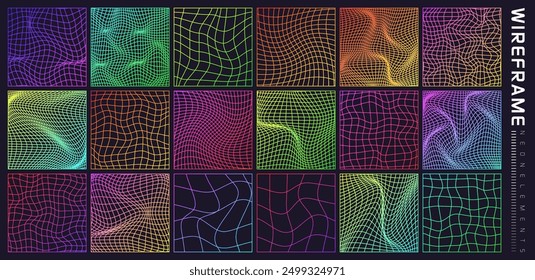 Colorful wireframe shapes, lined perspective mesh, 3d grid. Low poly geometric elements. Retro futuristic design elements, y2k, vaporwave and synthwave style. Vector illustration