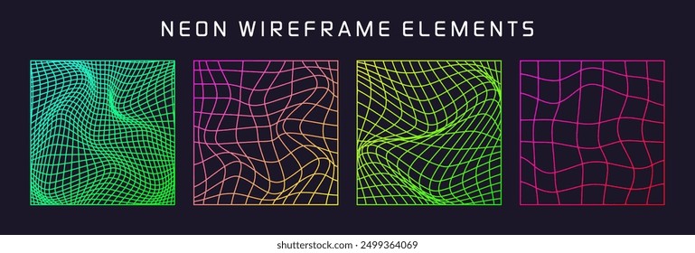Bunte Drahtgitter-Formen, gefüttertes perspektivisches Netz, 3D-Gitter. Geometrische Elemente mit niedrigem Poly. Retro futuristische Design-Elemente, y2k, Vaporwave und Synthwave-Stil. Vektorgrafik