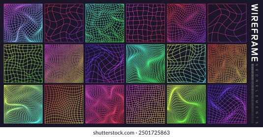 Colorful wireframe shapes, lined perspective mesh, 3d grid. Low poly geometric elements. Retro futuristic design elements, y2k, vaporwave and synthwave style. Vector illustration