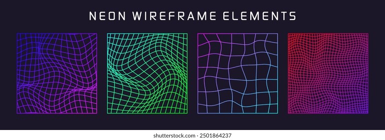 Colorful wireframe shapes, lined perspective mesh, 3d grid. Low poly geometric elements. Retro futuristic design elements, y2k, vaporwave and synthwave style. Vector illustration