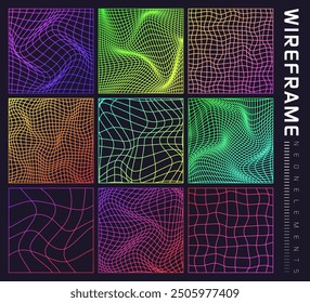 Colorful wireframe shapes, lined perspective mesh, 3d grid. Low poly geometric elements. Retro futuristic design elements, y2k, vaporwave and synthwave style. Vector illustration