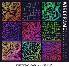 Colorful wireframe shapes, lined perspective mesh, 3d grid. Low poly geometric elements. Retro futuristic design elements, y2k, vaporwave and synthwave style. Vector illustration