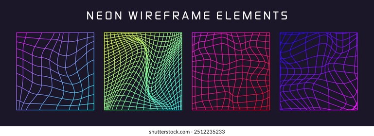 Colorful wireframe shapes, lined perspective mesh, 3d grid. Low poly geometric elements. Retro futuristic design elements, y2k, vaporwave and synthwave style. Vector illustration