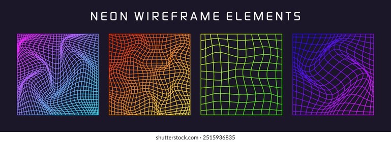 Colorful wireframe shapes, lined perspective mesh, 3d grid. Low poly geometric elements. Retro futuristic design elements, y2k, vaporwave and synthwave style. Vector illustration