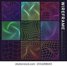Colorful wireframe shapes, lined perspective mesh, 3d grid. Low poly geometric elements. Retro futuristic design elements, y2k, vaporwave and synthwave style. Vector illustration