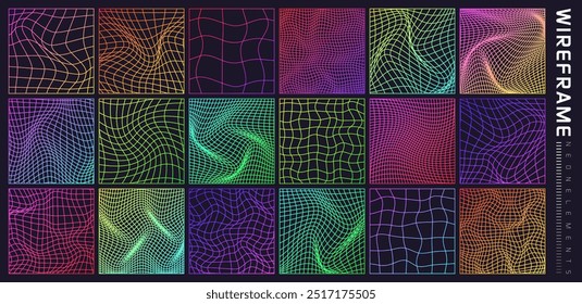 Colorful wireframe shapes, lined perspective mesh, 3d grid. Low poly geometric elements. Retro futuristic design elements, y2k, vaporwave and synthwave style. Vector illustration