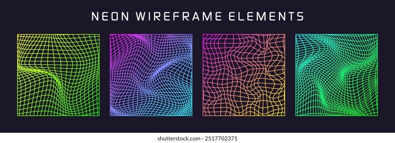 Colorful wireframe shapes, lined perspective mesh, 3d grid. Low poly geometric elements. Retro futuristic design elements, y2k, vaporwave and synthwave style. Vector illustration