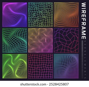 Colorful wireframe shapes, lined perspective mesh, 3d grid. Low poly geometric elements. Retro futuristic design elements, y2k, vaporwave and synthwave style. Vector illustration