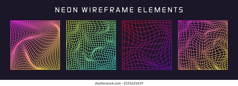 Formas de arames coloridos, malha de perspectiva alinhada, grade 3d. Elementos poligeométricos baixos. Elementos de design futurista retro, y2k, vaporwave e estilo synthwave. Ilustração vetorial