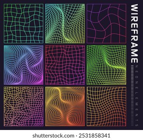 Coloridas Formas de estructura metálica, malla de perspectiva forrada, rejilla 3D. Elementos geométricos de polietileno bajo. Elementos de diseño futuristas retro, estilo y2k, vaporwave y synthwave. Ilustración vectorial