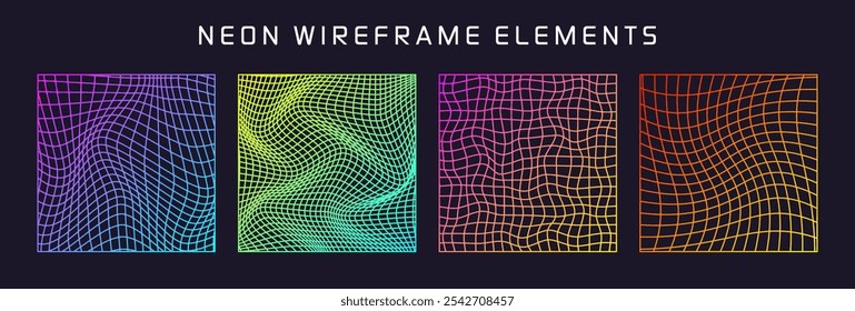 Coloridas Formas de estructura metálica, malla de perspectiva forrada, rejilla 3D. Elementos geométricos de polietileno bajo. Elementos de diseño futuristas retro, estilo y2k, vaporwave y synthwave. Ilustración vectorial