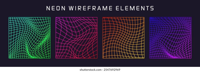 Colorful wireframe shapes, lined perspective mesh, 3d grid. Low poly geometric elements. Retro futuristic design elements, y2k, vaporwave and synthwave style. Vector illustration