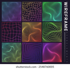 Bunte Drahtgitter-Formen, gefüttertes perspektivisches Netz, 3D-Gitter. Geometrische Elemente mit niedrigem Poly. Retro futuristische Design-Elemente, y2k, Vaporwave und Synthwave-Stil. Vektorgrafik
