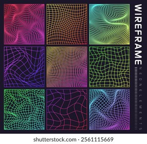 Colorful wireframe shapes, lined perspective mesh, 3d grid. Low poly geometric elements. Retro futuristic design elements, y2k, vaporwave and synthwave style. Vector illustration