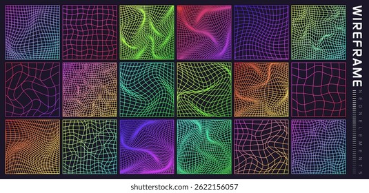 Colorful wireframe shapes, lined perspective mesh, 3d grid. Low poly geometric elements. Retro futuristic design elements, y2k, vaporwave and synthwave style. Vector illustration