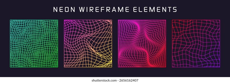 Coloridas Formas de estructura metálica, malla de perspectiva forrada, rejilla 3D. Elementos geométricos de polietileno bajo. Elementos de diseño futuristas retro, estilo y2k, vaporwave y synthwave. Ilustración vectorial