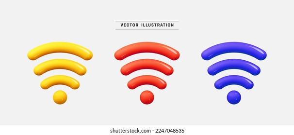 Farbiges drahtloses Netzwerk WiFi 3d Symbol Set. Sammlung realistischer Design-Elemente. Vektorgrafik im minimalen Stil