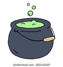 Colorful witch pot with bubbling potion. Vector illustration for halloween in doodle style. Hand drawn magic cauldron isolated on white background