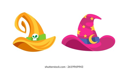 Colorful witch and wizard hats showing halloween spooky and magical symbols