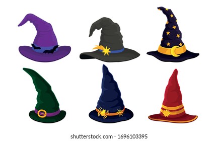 Colorful Witch and Wizards Hat with Belt and Pointed Cap Vector Set