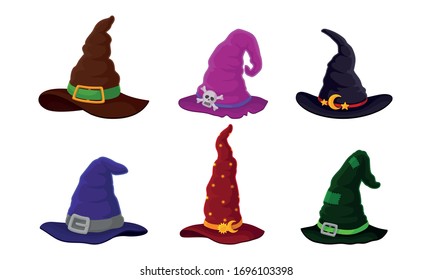 Colorful Witch and Wizards Hat with Belt and Pointed Cap Vector Set