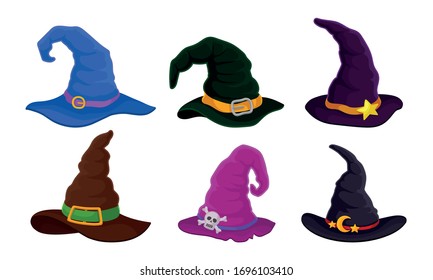 Colorful Witch and Wizards Hat with Belt and Pointed Cap Vector Set