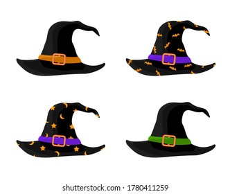 Colorful Witch and Wizards Hats with Belt. Halloween costume. Set of vector illustration in flat style.