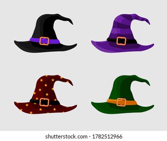 Colorful Witch and Wizards Hats with Belt. Halloween costume. Set of vector illustration in flat style.