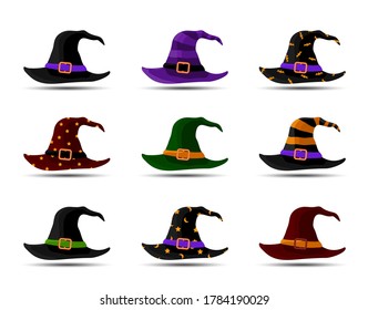 Colorful Witch and Wizards Hats with Belt. Halloween costume. Set of vector illustration in flat style.