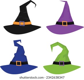 Colorful Witch and Wizards Hats with Belt. Halloween costume. Set of vector illustration in flat style.