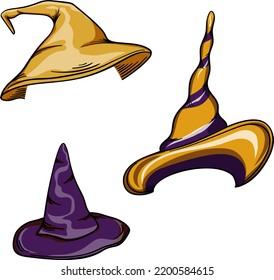 Colorful Witch and Wizards Hats. Halloween costume. Set of vector illustration in cartoon style.