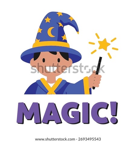 A colorful wizard illustration featuring a smiling child dressed in a blue robe and hat, holding a sparkling magic wand, isolated on white.