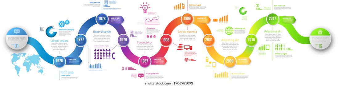 Flechas de línea de tiempo de onda de concepto de negocio de plantilla de wobble colorida. Diseño de infografía con 6 pasos, historial de flujo de trabajo con diagrama, presentación y gráfico