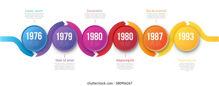 Colorful wobble template business concept wave timeline arrows. Infographics layout with 6 steps, workflow history with diagram,presentation and graph