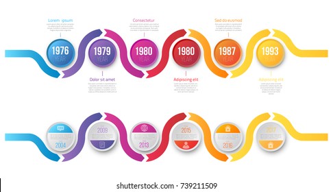 Colorful wobble template business concept wave timeline arrows. Infographics layout with 6 steps, workflow history with diagram,presentation and graph