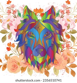 Colorful Wolf Head Logo Decor Element, Print on T-shirt and Bags, Vector illustration.