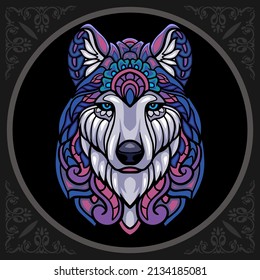 Colorful wolf head mandala arts, isolated on black background