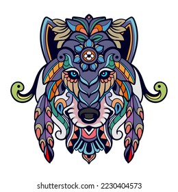 Colorful Wolf head mandala arts isolated on white background