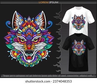 Colorful Wolf head mandala arts isolated on black and white t shirt.