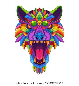 colorful wolf head on white background