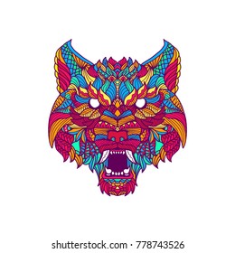 Colorful wolf head zentangle style artwork for t-shirt