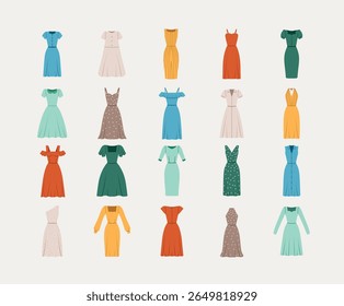 Colorful Woman Dress Flat Illustration Collection. Created for fashion design references, outfit catalogs, and wardrobe visuals on microstock platforms.